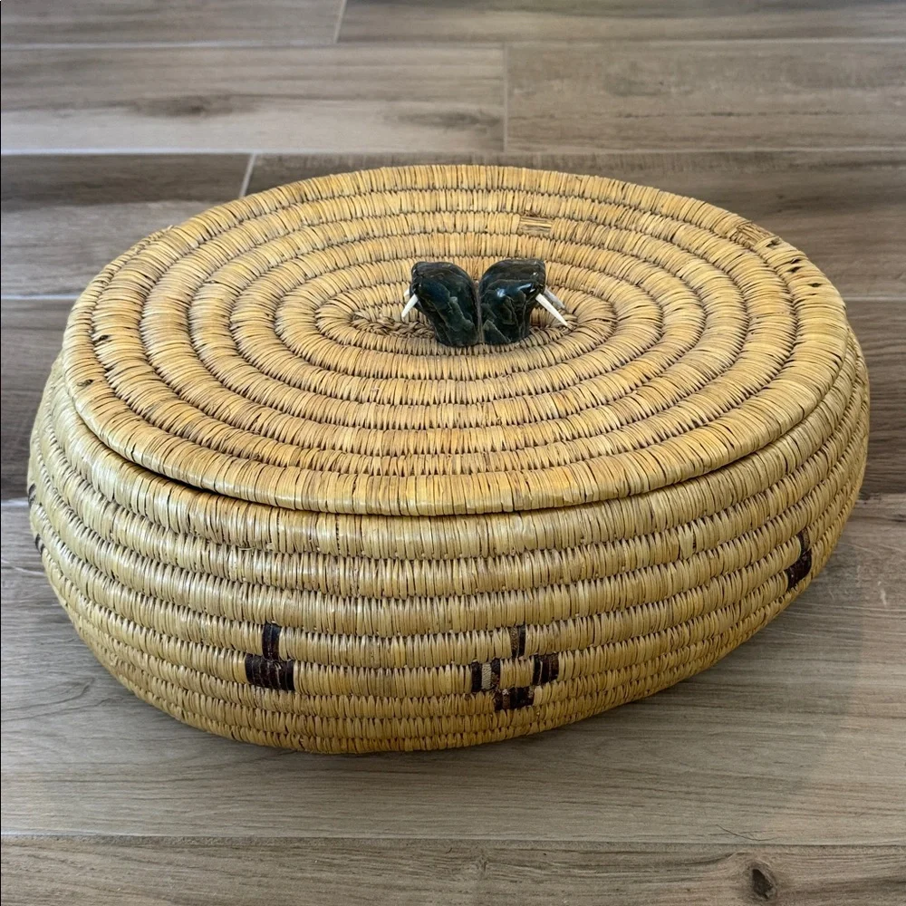 Inuit coil Lyme sea grass woven double soapstone walrus with tusks lid handle